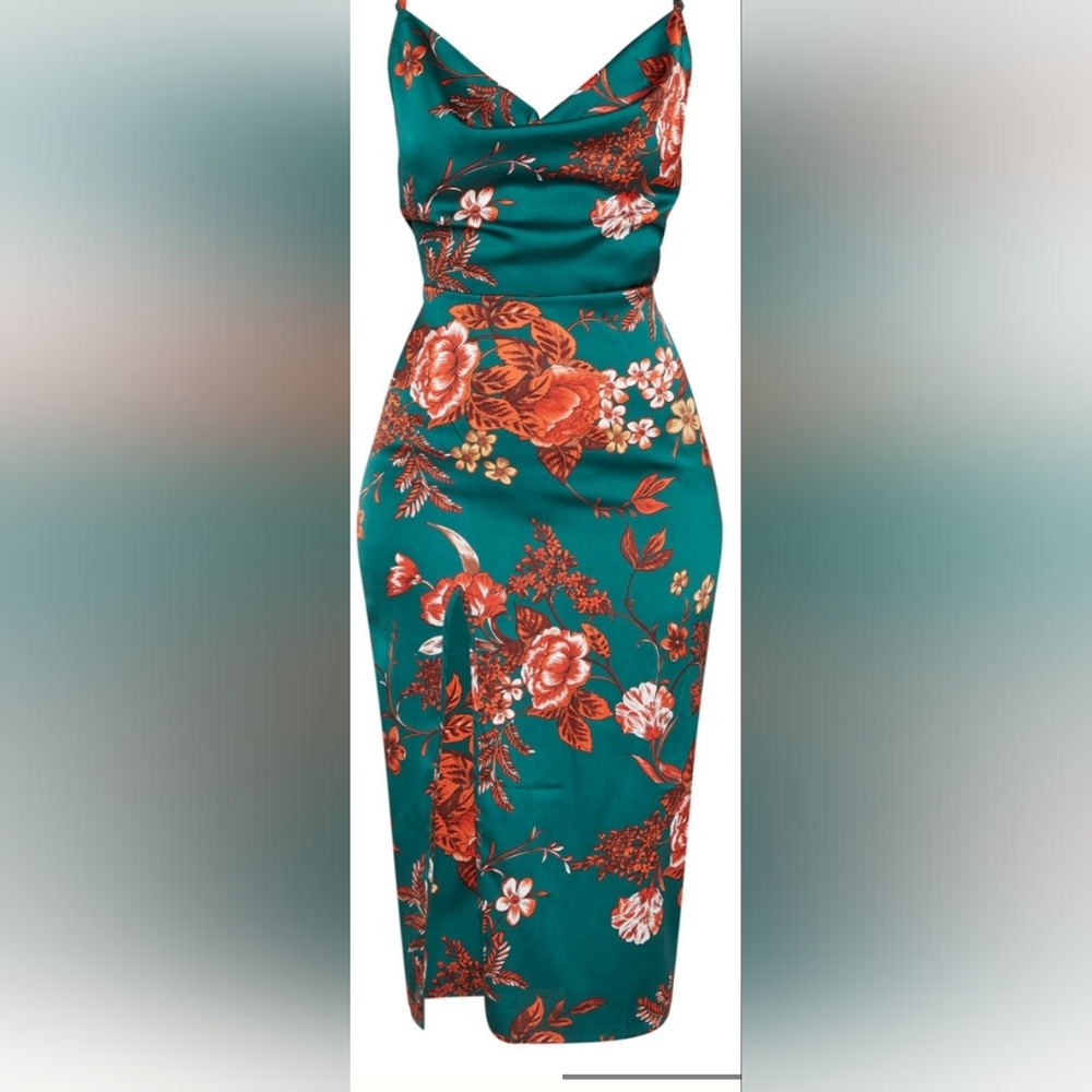 PrettyLittleThing Teal Floral Cowl Midi Dress with Rust Accents